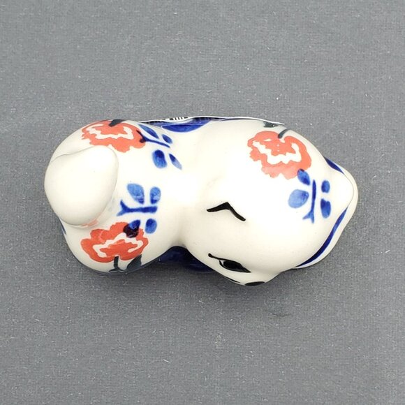 Polish Pottery Blue Eye Spring Cat Figurine Small Blue Red Floral Cat Statue - Picture 5 of 7